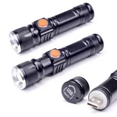 KIT 2 Mini Lanterna Tática Police Usb Recarregável Profissional Preta BIKE LONGO ALCANCE C ZOOM 11CM