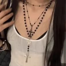 Colar longo feminino Starlight Cross Pearl, estilo punk gótico escuro