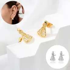 Brinco Delicado Femininos Luxo Nossa Senhora Aparecida Folheado Platina Zircônia Azul Cravejada