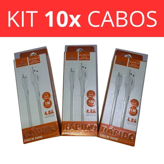 Kit 10x Cabo de Dados Rápido 4.8A 1M Para MicroUSB V8 Iphone iOS Lightning Usb Tipo-C Carga Rápida