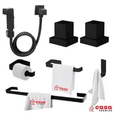 Kit Acessórios De Banheiro Preto Fosco + Acabamento Registro Padrão Deca+Ducha Higiênica Quadrada Preta