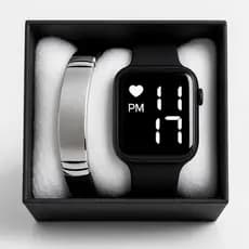 Conjunto Relógio Digital Led + Pulseira Masculina em Aço + Caixa Para Presentear