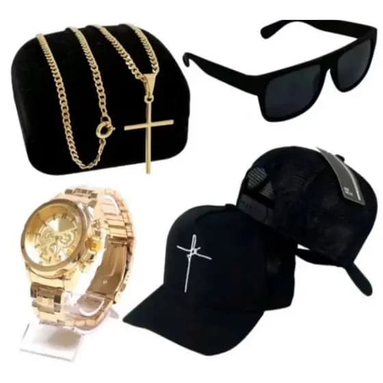 Kit masculino boné fé + óculos premium + relógio metal + corrente cruz dourada banhada a ouro