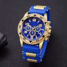Relógio Masculino Esportivo Pulseira Silicone Azul e Dourado Cronógrafo Estilo Luxo Analógico Grande