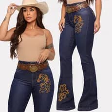Calça Jeans Flare Feminina Bordada Country Muladeira Cos Alto Com Elastano Lycra