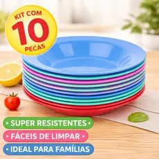 Kit 10 Pratos Plásticos Resistentes Coloridos Refeição Churrasco Camping Cozinha BPA Free