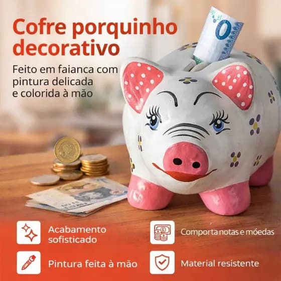 Cofre Porquinho Decorativo em Cerâmica 20cm  Porta Moedas e Notas  Cofrinho Infantil e Decoração