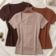 Blusa Feminina  Baby Look manga curto gola  decote quadrada Básico SUPLEX Casual