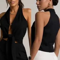 Colete Feminino Alfaiataria Gola Halter com Amarração frontal