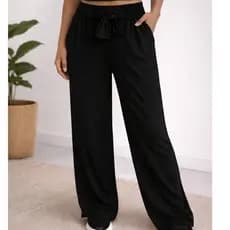 Calça pantalona tecido duna feminina com amarração frontal y cintura alta com elástico