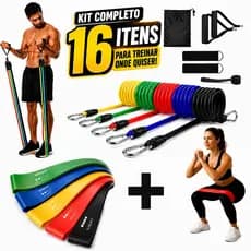 Kit 16 Itens Treino Em Casa Completo Elásticos Extensores + 5 Mini Bands Fitness Musculação Exercícios Yoga Fisioterapia