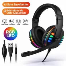 Headset Fone Gamer Led RGB Com Microfone USB e P2 Para PC Celular Computador Headphone Videogame