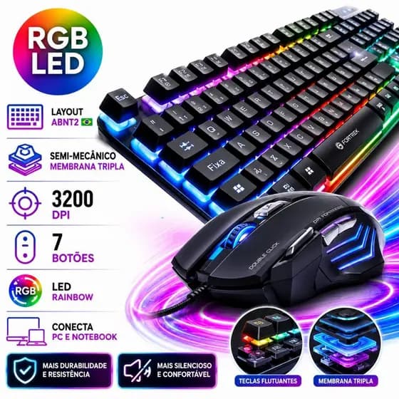 Kit 2 em 1 Teclado Gamer Semi Mecânico + Mouse 3200 DPI 7 Botões Led Rgb Usb Português/BR Pc Ps4 Rainbow Ergonômico FULL