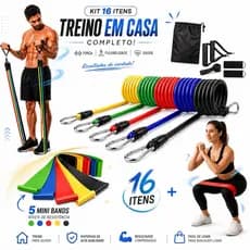 Kit 16 Itens Treino Em Casa Completo Elásticos Extensores + 5 Mini Bands Fitness Musculação Exercícios Yoga Fisioterapia