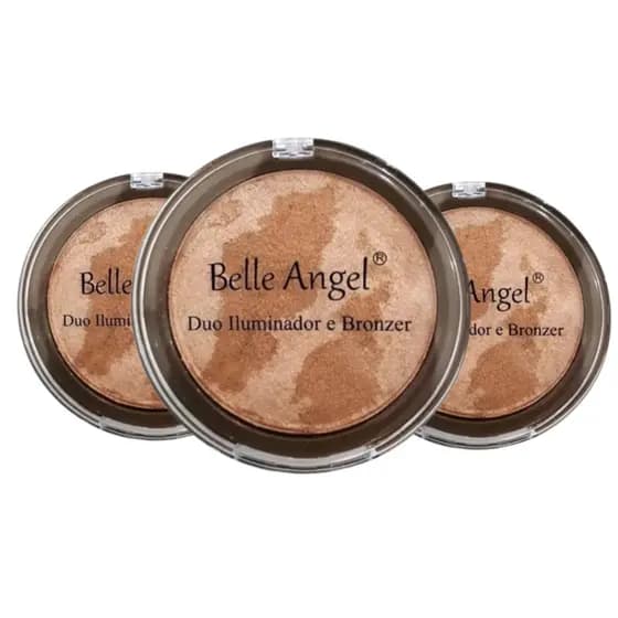 Duo iluminador e bronzer belle angel - maquiagem - pó - aplicação no rosto para clarear - make up