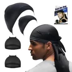 KIT DURAG DE MALHA + 2 TOUCAS NERO ANTIFRIZZ WAVES DREADS TRANÇAS UNISSEX