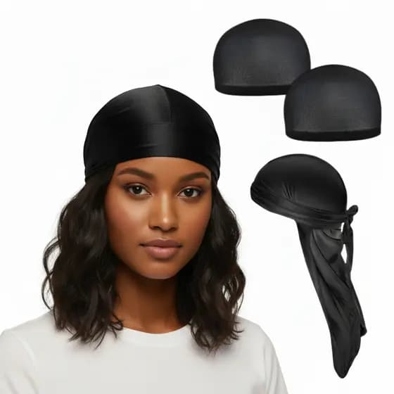 Kit Durag a Malha + 2 Toucas Nero Antifrizz, Waves Dreads Tranças Unissex Durag de Seda Preta com Compressão Suave