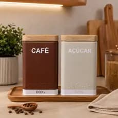 Kit 2 Latas Hérmetico 800g Pote Café e Açúcar Porta Organidor de Cozinha Mantimentos Multiuso Metal