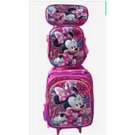 Kit Mochila Escolar 3D Alto Relevo com Rodinhas de Gel reforçadas Menina Minie