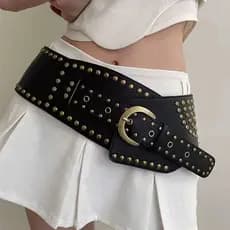 YOUBEI Cummerbunds Largos , Cinto De Rebite De Metal Emagrecedor De Couro PU , Roupas De Espartilho De Cintura Punk Ajus