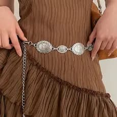 Cinto de Cadeia Boho para Mulheres - Acessório Retro Ajustável em Metal Prata para Uso Diário ou Festas.