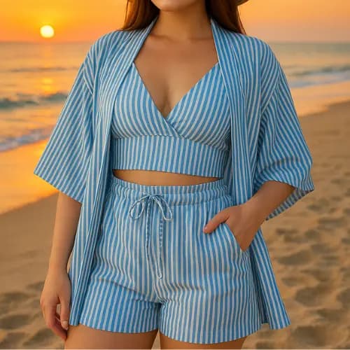 Conjunto Feminino 3 Peças Listrado – Estilo Praia e Conforto