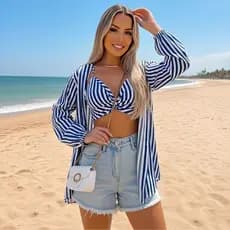 Conjunto Listrado Feminino Praia – Camisa e Top Cropped Verão