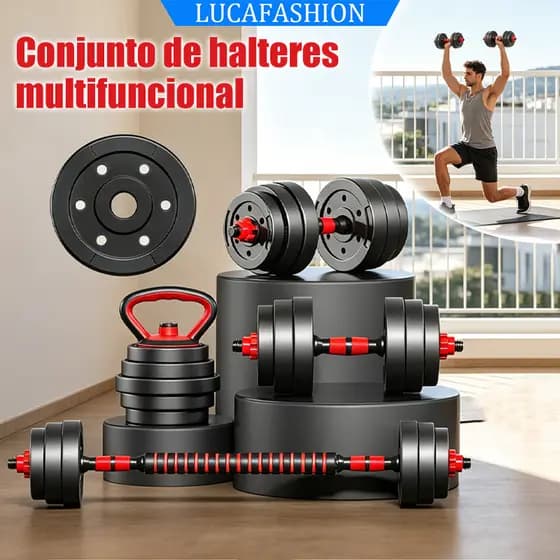 Kit Halteres Ajustável 4 em 1 10/15/20kg | Haltere + Barra Supino + Kettlebell Preto Treino Funcional Academia em Casa