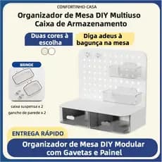 Organizador de Mesa DIY com Gavetas Deslizantes, Painel de Furos e Armazenamento Aberto