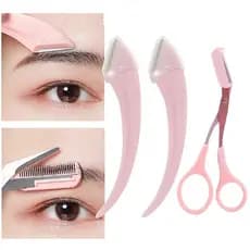 3Pcs Conjunto De Corte De Sobrancelhas Faca Lâmina Para Mulheres Tesoura Com Raspador Aço Inoxidável Ferramenta De Barbear Portátil Rosa Ferramentas De Beleza Feminina