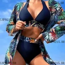 Biquíni feminino praia cintura alta com blusa estampada cor sólida conjunto de 3 peças