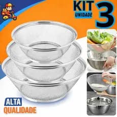 Kit 03 Cestas em Inox 22CM,25CM E 28CM Escorredor Multiuso Cozinha Escorredor Legumes Arroz Frutei