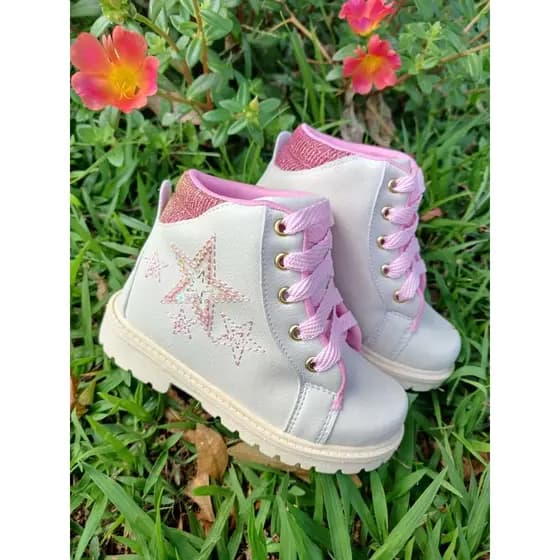 Bota Coturno Infantil Menina Cano Curto Rosa Estrelinhas Brilho Cadarço Conforto Moda Fofa Delicada