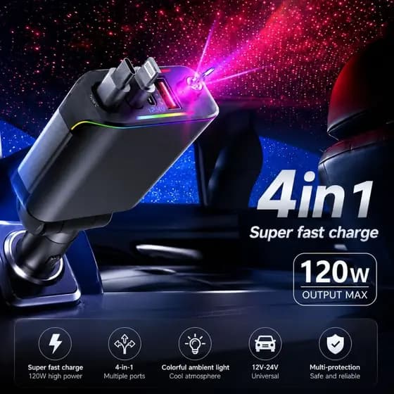 Carregador Veicular USB Type-C Guia RetrátiL com Luz Estrela LED 4 em 1 para Carro