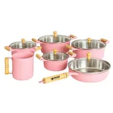 Jogo 7 peças Alumínio Batido Grosso Rosa 5 Panelas 14 a 22CM + Frigideira 20CM + Canecão 12CM Kit