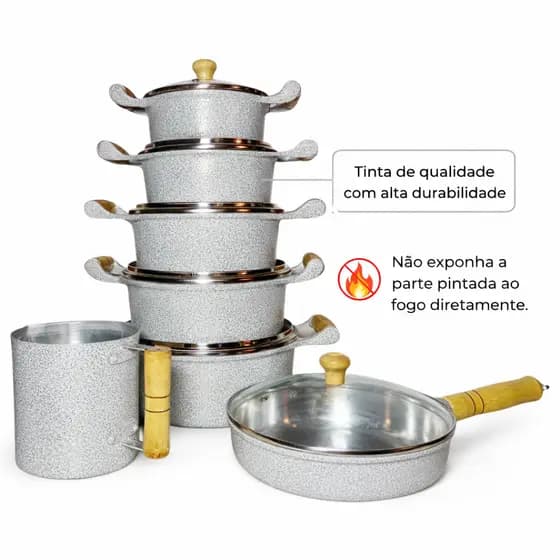 Jogo Alumínio Batido Grosso Kit 5 Panelas 14 a 22CM + Frigideira 20CM + Canecão 12CM Tampa de Vidro