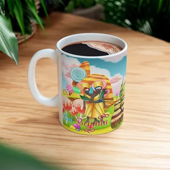 Caneca de Ceramica 325ml Orixa Ibeji branca personalizada xicara e copo