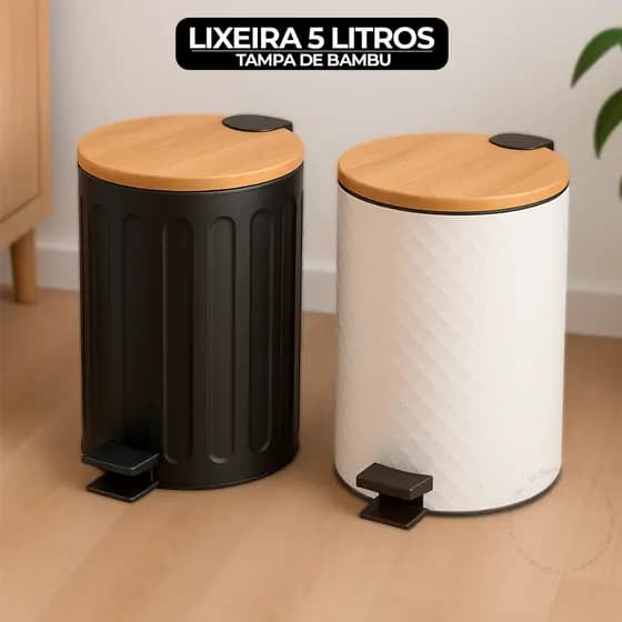 Lixeira Com Pedal Tampa De Bambu 5L Luxo Cozinha Banheiro
