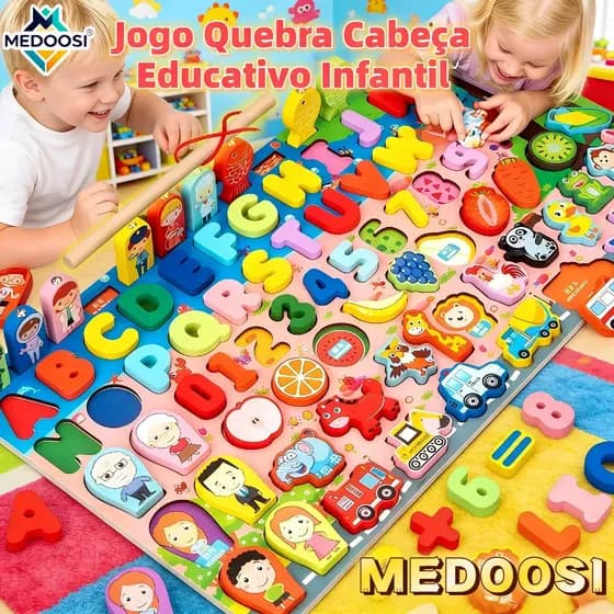 MEDOOSI Brinquedo Magnético Montessori  | Quebra-Cabeça Alfanumérico de Madeira com Pesca Magnética e Jogo Deslizante