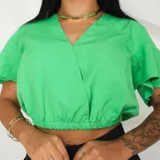 Blusa Cropped Feminina Casual Decote V  Com Elástico