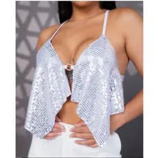 Cropped Decotado Feminino Look Verão Carnaval Brilhante de Poliamida com Paetês e Bojo