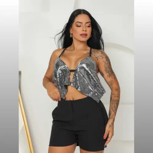Cropped Frente Única Brilho Paetê Lantejoulas Com Bojo Feminino - Moda Balada