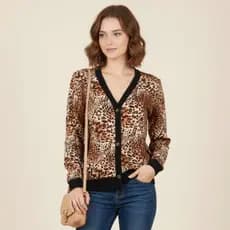 Casaco Feminino Animal Print  / Cardigan Animal Print Botões e Bolsos Frontais