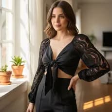 Blusa de Renda Feminina Cropped Manga Longa Gola V