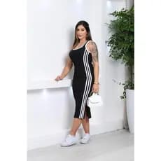 Vestido Midi Canelado Ribana Listras Laterais Decote Quadrado Elegante e casual