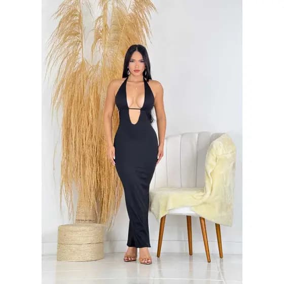 Vestido Longo feminino Decote V Costa Nua