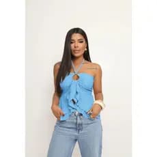 Blusa feminina cropped top babadinho amarração no pescoço franzido frente elegante  tule alfaiataria