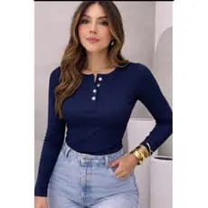 Blusa Feminina Canelada Manga Longa Botoes Frontal Casual Moda Inverno/Algodao Com Elastano