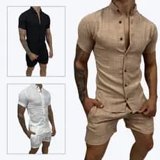 Conjunto Camisa Social Manga Curta Gola Padre de Linho e Short De Linho Masculino Básico Mauricinho Alta Qualidade