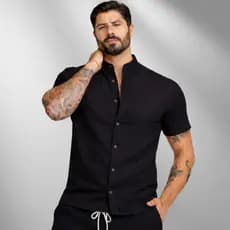 Camiseta Social Manga Curta Gola Padre Com Algodão Masculina Slim Fit Gola Padre Blusa Linho